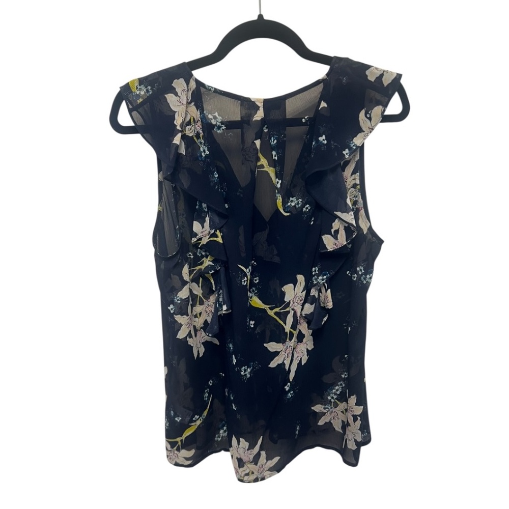 PAIGE Silk Ruffle Blouse Rich Navy Blue, Medium, Sketched Orchid Floral Top - Picture 5 of 13